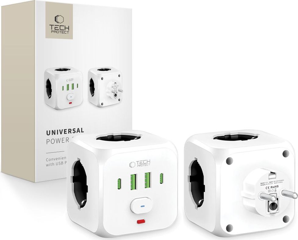 TECH-PROTECT PCL3X4 powercube rozbočovací zásuvka kostka Power Socket 2 USB & 2 TYPE-C & 3 zásuvka bílá