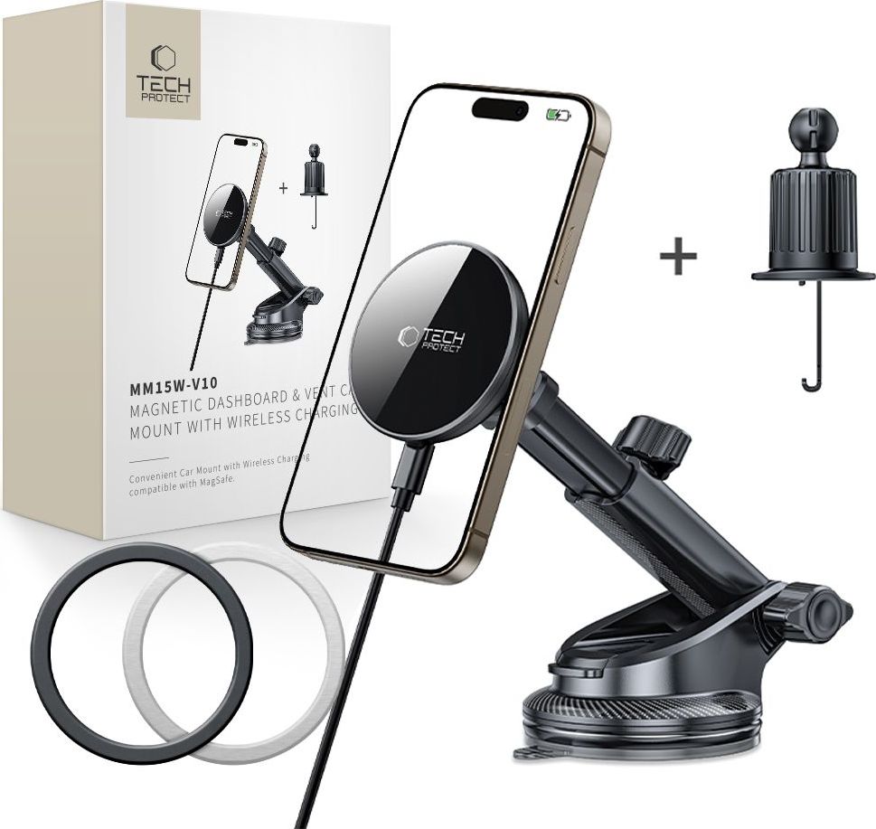 TECH-PROTECT MM15W-V10 magnetický držák telefonu do auta s MagSafe na palubní desku, čelní sklo a do větrací mřížky 15W černý