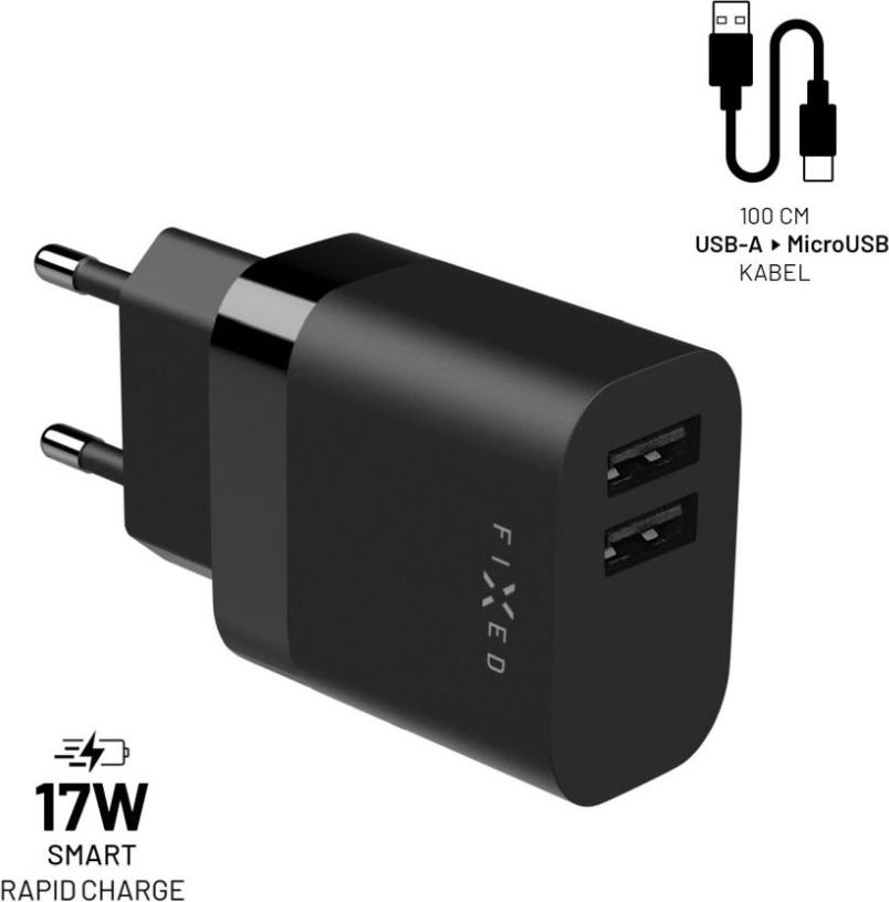 Set síťové nabíječky FIXED s 2xUSB výstupem a USB/micro USB kabelu, 1 metr, 17W Smart Rapid Charge, černá