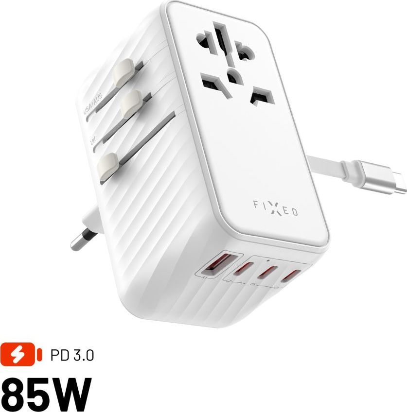 Cestovní adaptér FIXED Voyager 85W pro EU, UK a USA/AUS, s 4xUSB-C a 1xUSB výstupem, GaN, PD 85W, bílý