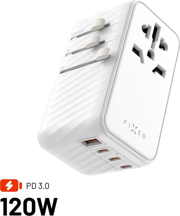 Cestovní adaptér FIXED Voyager 120W pro EU, UK a USA/AUS, s 3xUSB-C a 1xUSB výstupem, GaN, PD 120W, bílý