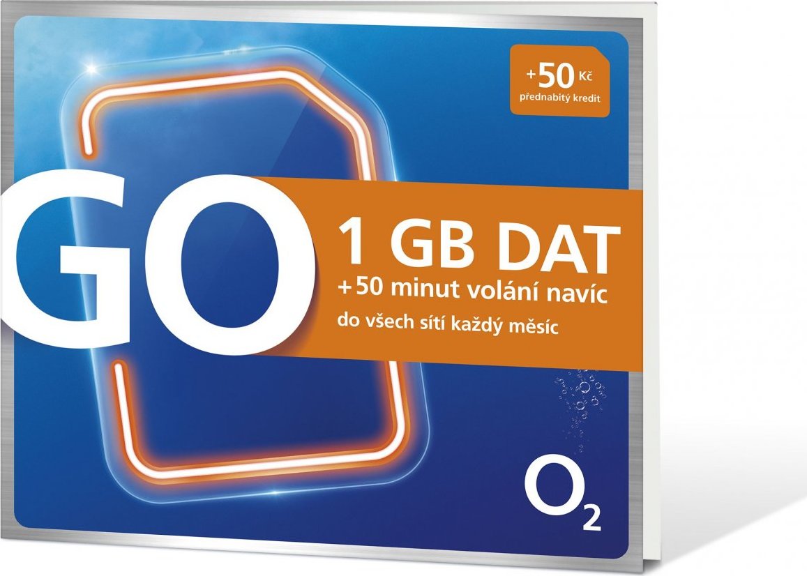 Předplacená SIM karta O2 s kreditem 50 Kč + 1GB + 50 min. volání