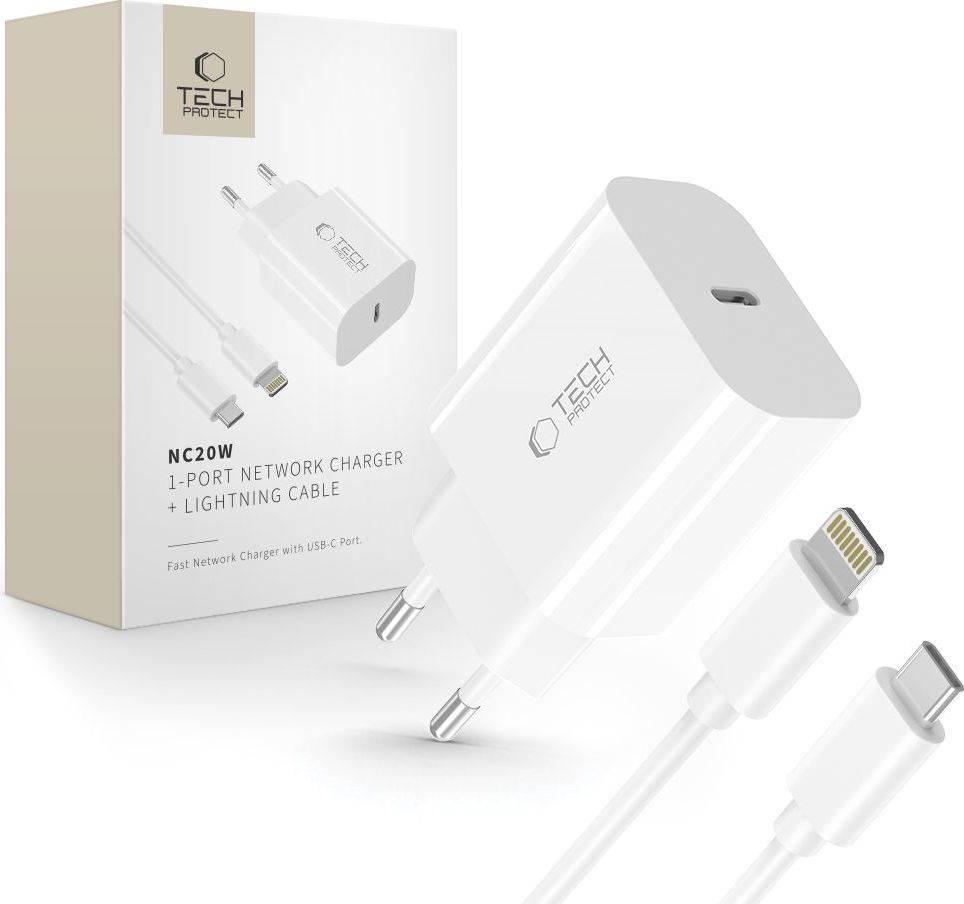 TECH-PROTECT NC20W 1-PORT NETWORK CHARGER PD 20W + LIGHTNING CABLE WHITE