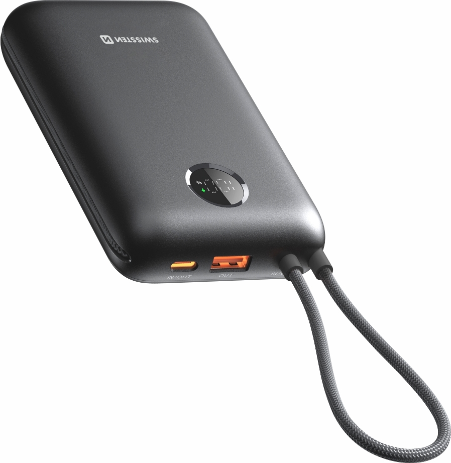SWISSTEN POWER BANK VOLTBOX 35W 20000 mAh S INTEGROVANÝMI KABELY  USB-C A LIGHTNING ČERNÁ