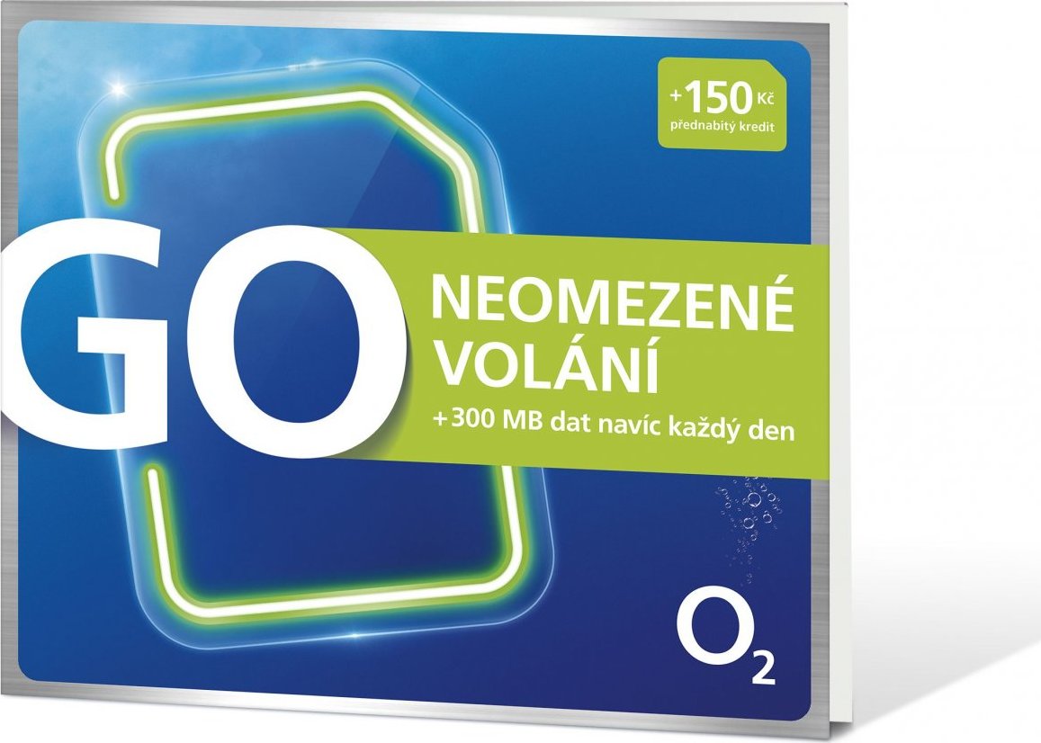 Předplacená SIM karta O2 s kreditem 150 Kč, neomezené volání + 300 MB za 25 Kč/den