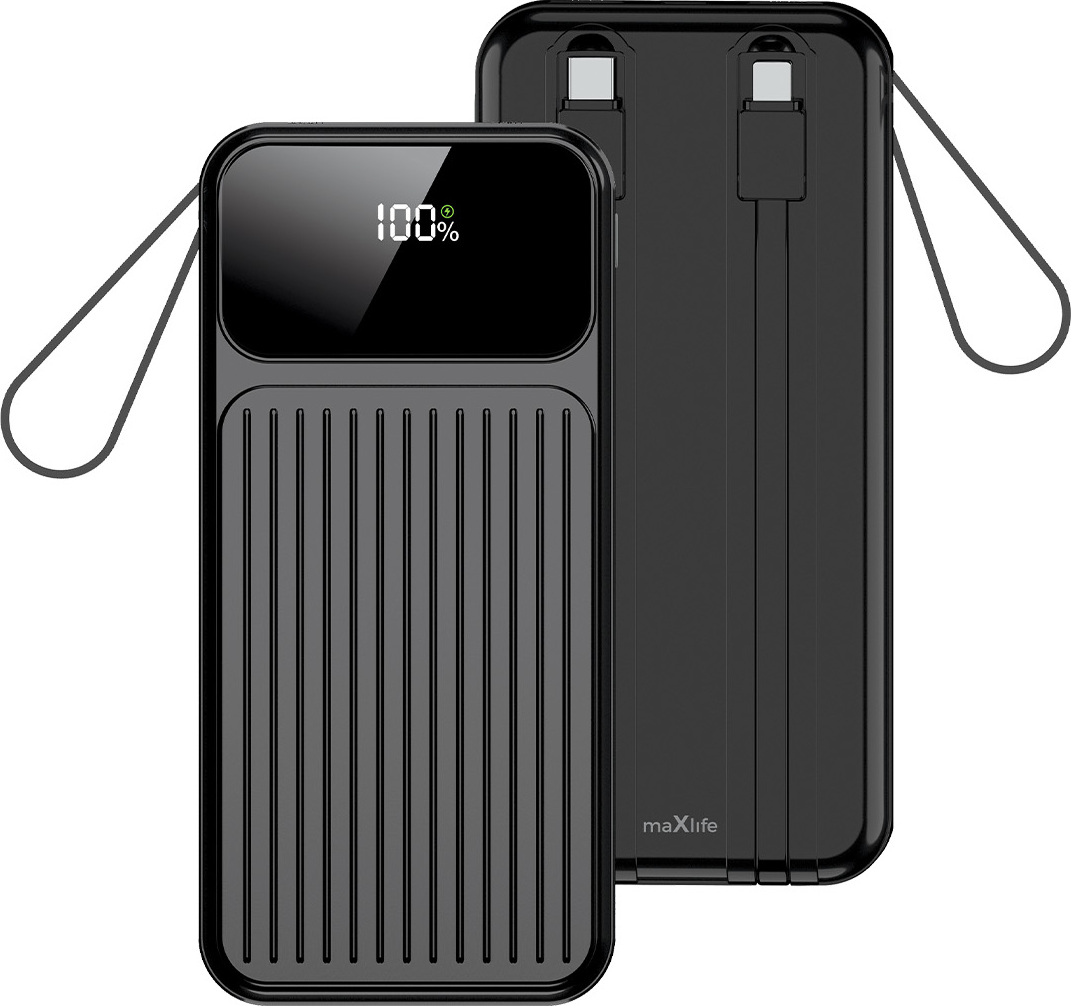 Powerbanka Maxlife s vestavěnými kabely Lightning + USB-C MXPB-06 PD QC 22,5W 10000 mAh černá