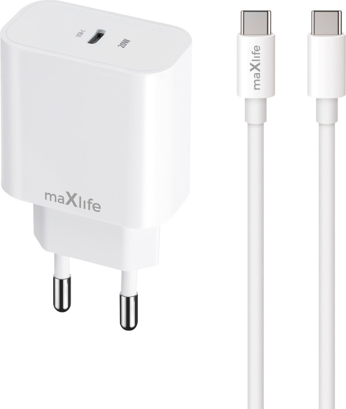 Nabíječka Maxlife MXTC-06-20C PD QC 1x USB-C 20W bílá + kabel USB-C - USB-C 20W