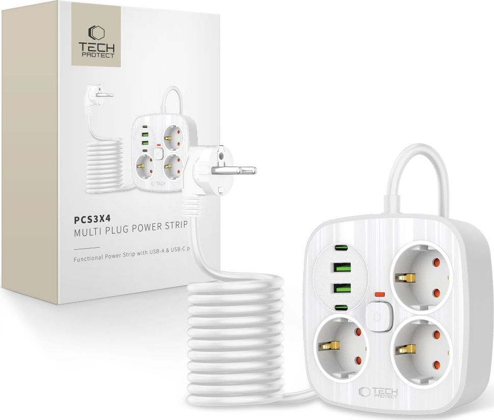 TECH-PROTECT PCS3X4 POWER STRIP 2 USB & 2 TYPE-C & 3 SOCKET 200CM WHITE
