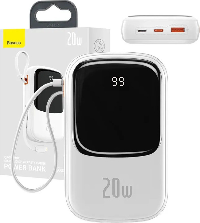 Powerbanka Baseus Qpow PRO s kabelem Lightning, portem USB-C a USB 20000mAh, 20W (bílá)