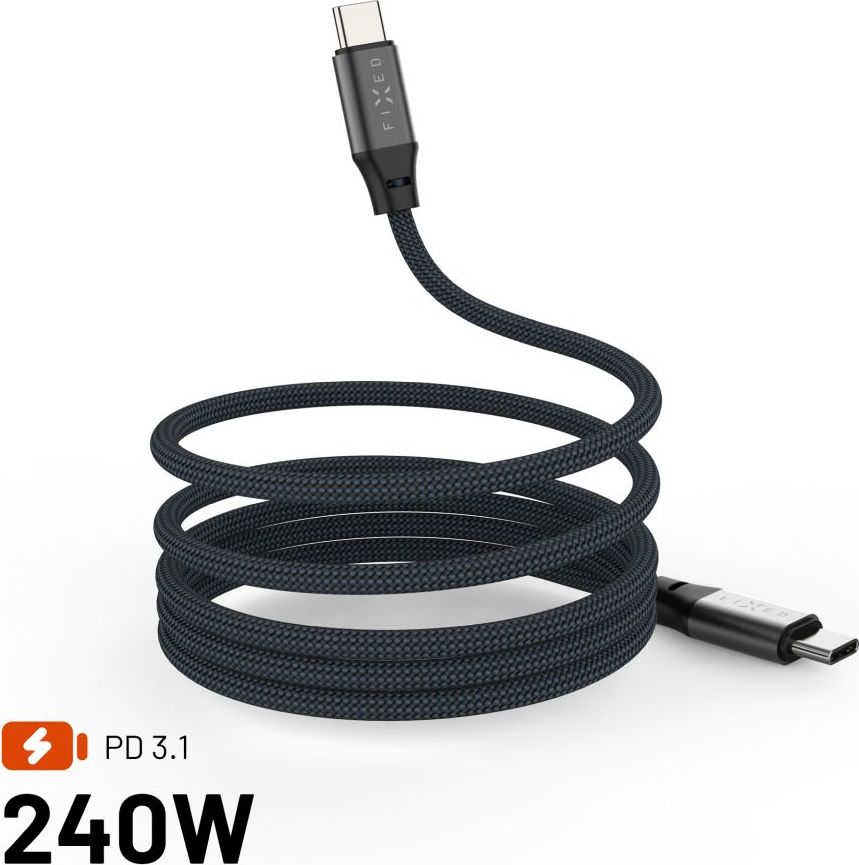 Dlouhý magnetický nabíjecí a datový opletený kabel FIXED s konektory USB-C/USB-C a podporou PD, 2m, USB 2.0, 240W, šedý