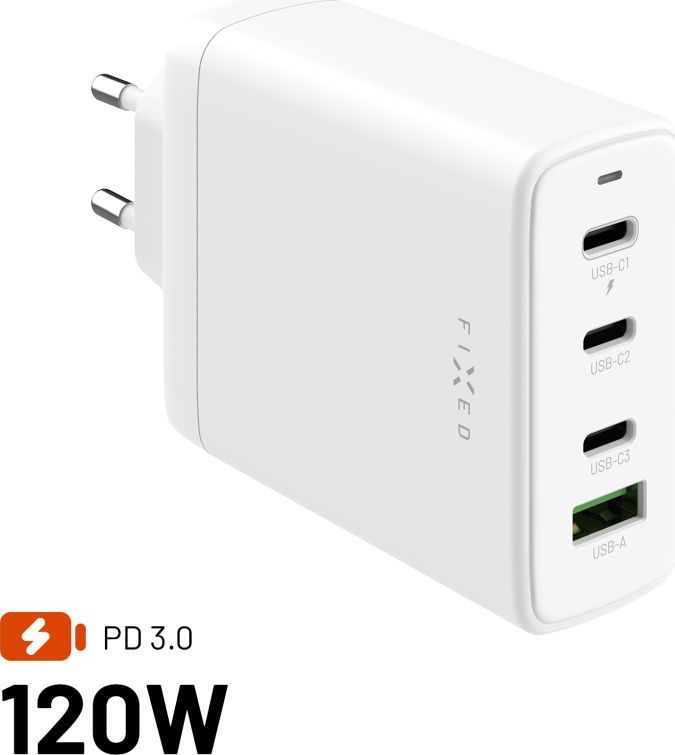 Síťová GaN nabíječka FIXED s 3xUSB-C a USB výstupem, podpora PD 3.0, 120W, bílá