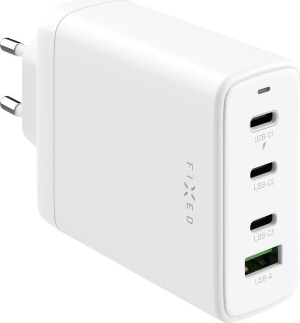 Síťová GaN nabíječka FIXED s 3xUSB-C a USB výstupem, podpora PD 3.0, 120W, bílá