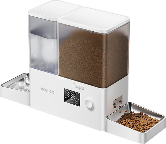 Rojeco 2 v 1 Fontána na vodu pro domácí mazlíčky 3,5 l a krmítko 5 l Button Verson (bílá)