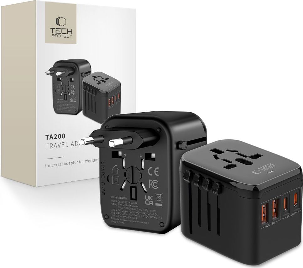 TECH-PROTECT TA200 CESTOVNÍ ADAPTÉR DO SÍTĚ / NABÍJEČKA EU / UK / US / AU BLACK