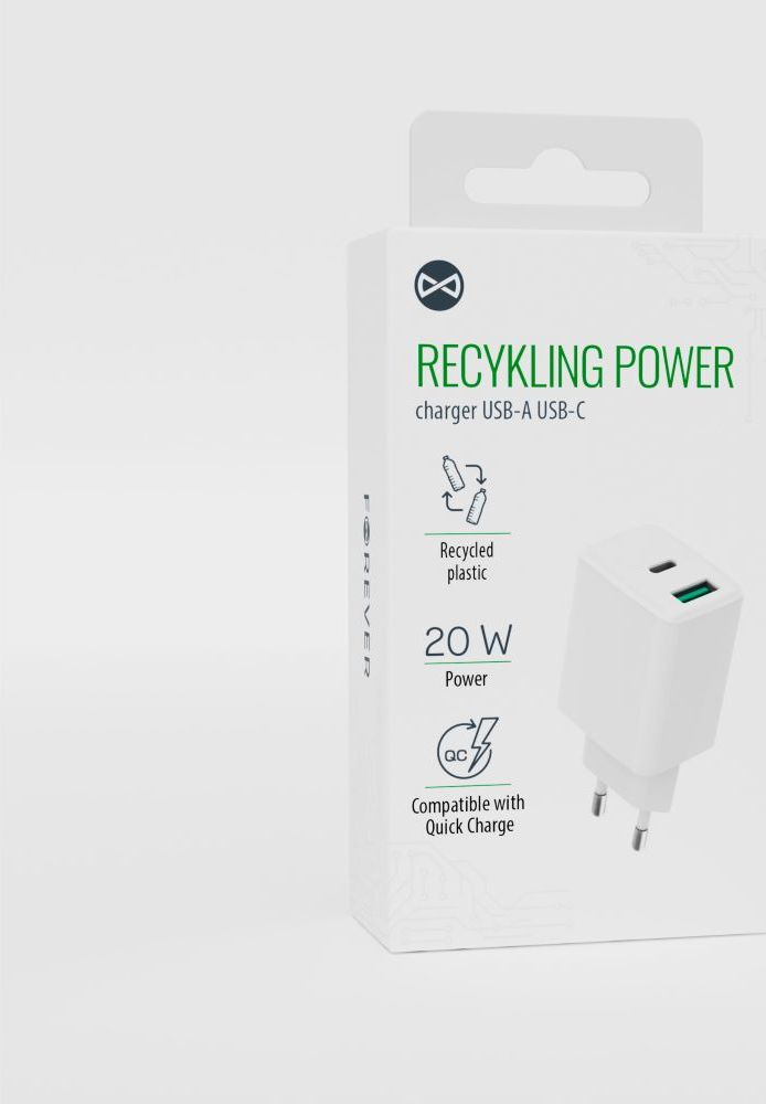Nabíječka do zásuvky Forever recycled (z recyklovaného plastu) USB + USB-C 20W LSR20-AC-00 bílá