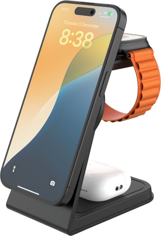 Stojánek s bezdrátovým nabíjením 3v1 FIXED MagPowerstation Alu 2 s podporou MagSafe, 15W+3.5W+2.5W, Qi2, černý