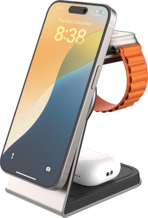 Stojánek s bezdrátovým nabíjením 3v1 FIXED MagPowerstation Alu 2 s podporou MagSafe, 15W+3.5W+2.5W, Qi2, titanový