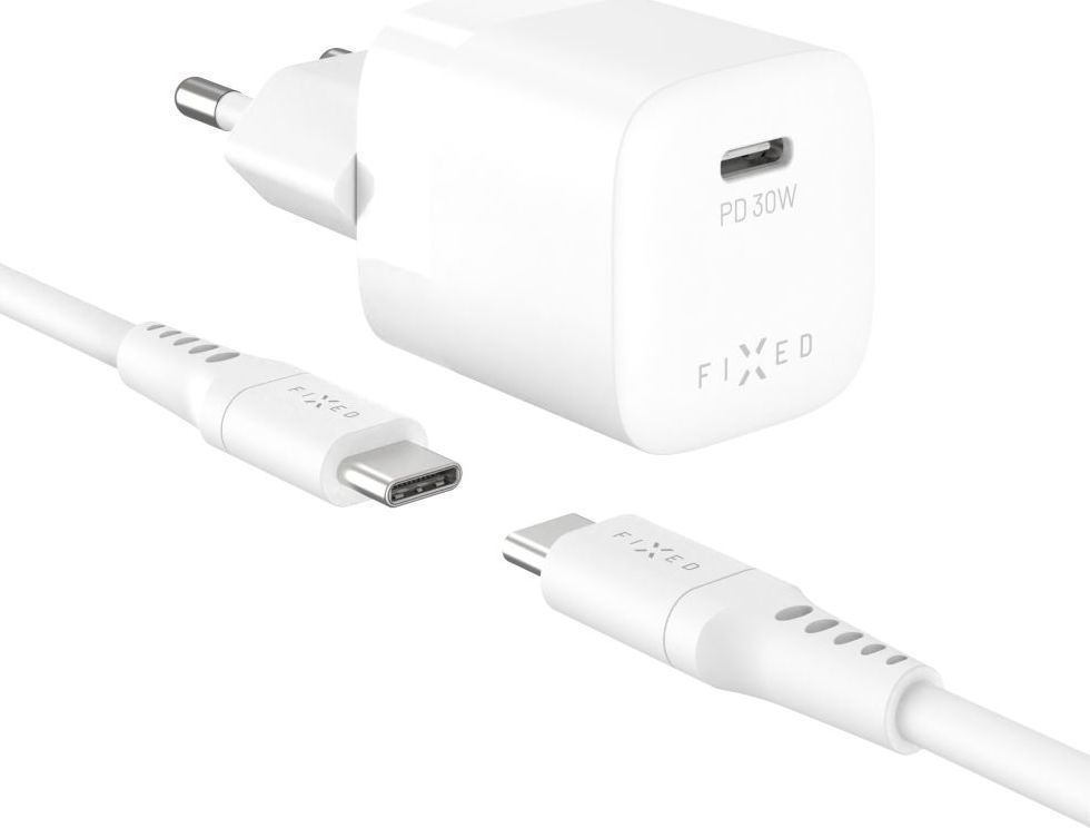 Set síťové GaN nabíječky FIXED Mini s USB-C výstupem a USB-C/USB-C kabelu, podpora PD, 1,2 metr, 30W, bílý