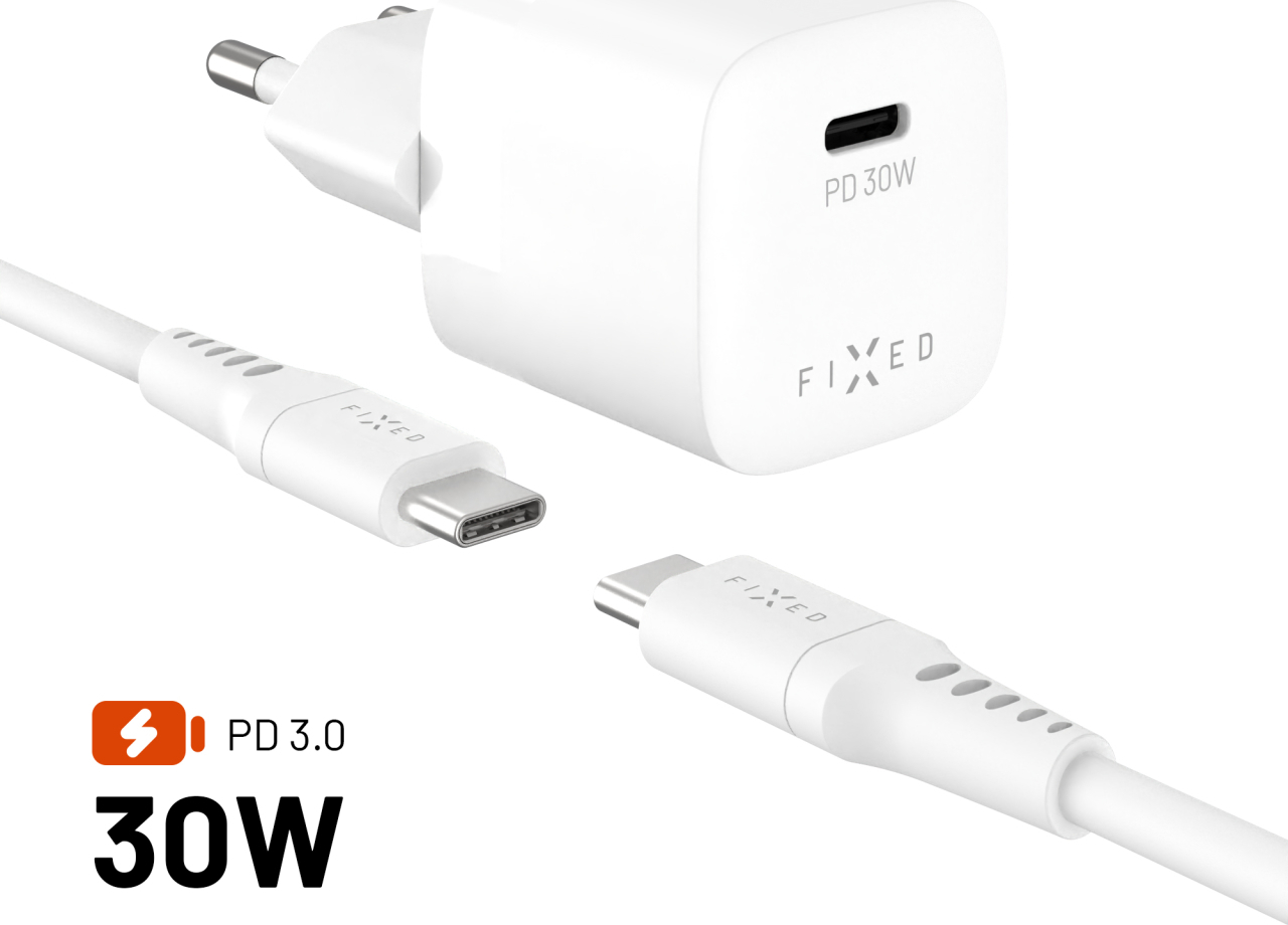 Set síťové GaN nabíječky FIXED Mini s USB-C výstupem a USB-C/USB-C kabelu, podpora PD, 1,2 metr, 30W, bílý