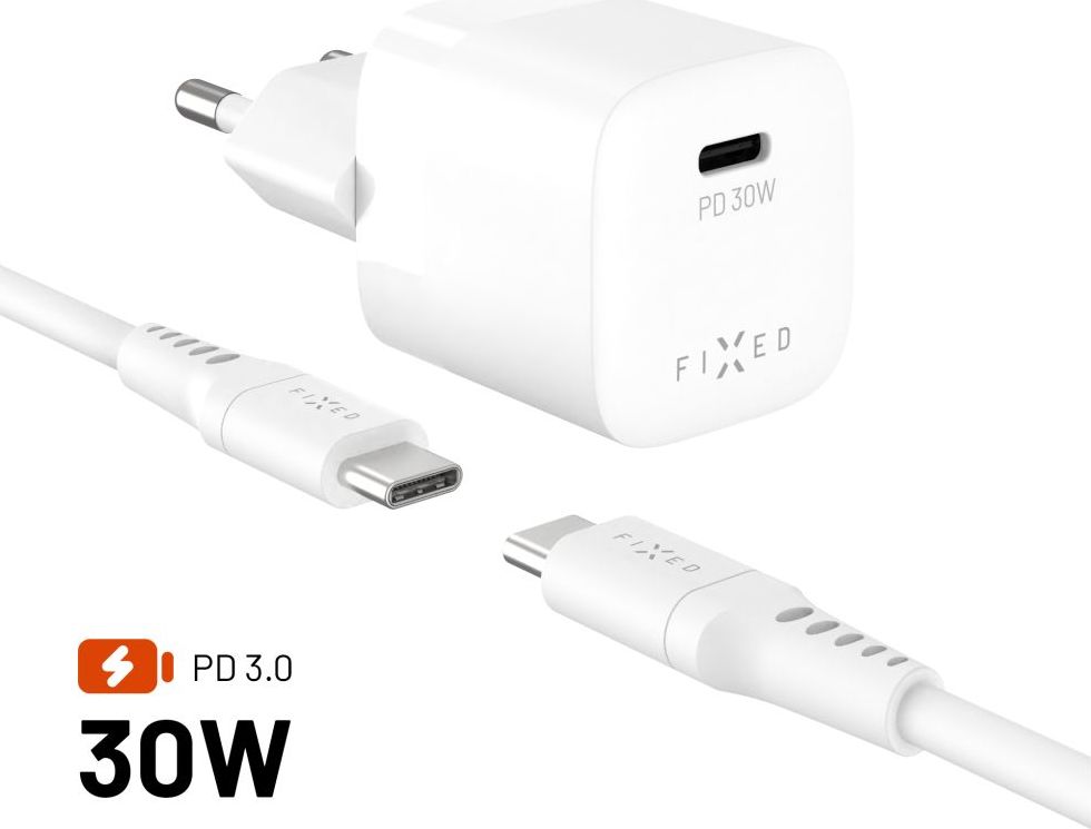 Set síťové GaN nabíječky FIXED Mini s USB-C výstupem a USB-C/USB-C kabelu, podpora PD, 1,2 metr, 30W, bílý