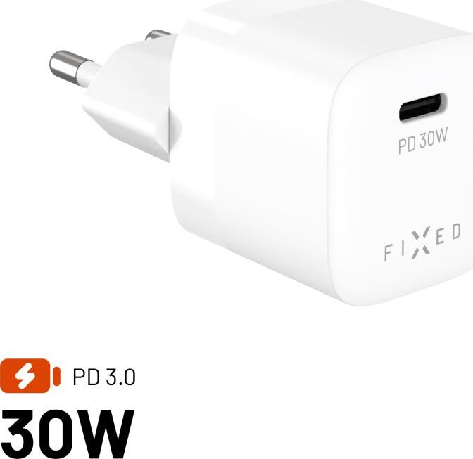 Síťová GaN nabíječka FIXED Mini s USB-C výstupem a podporou PD, 30W, bílá