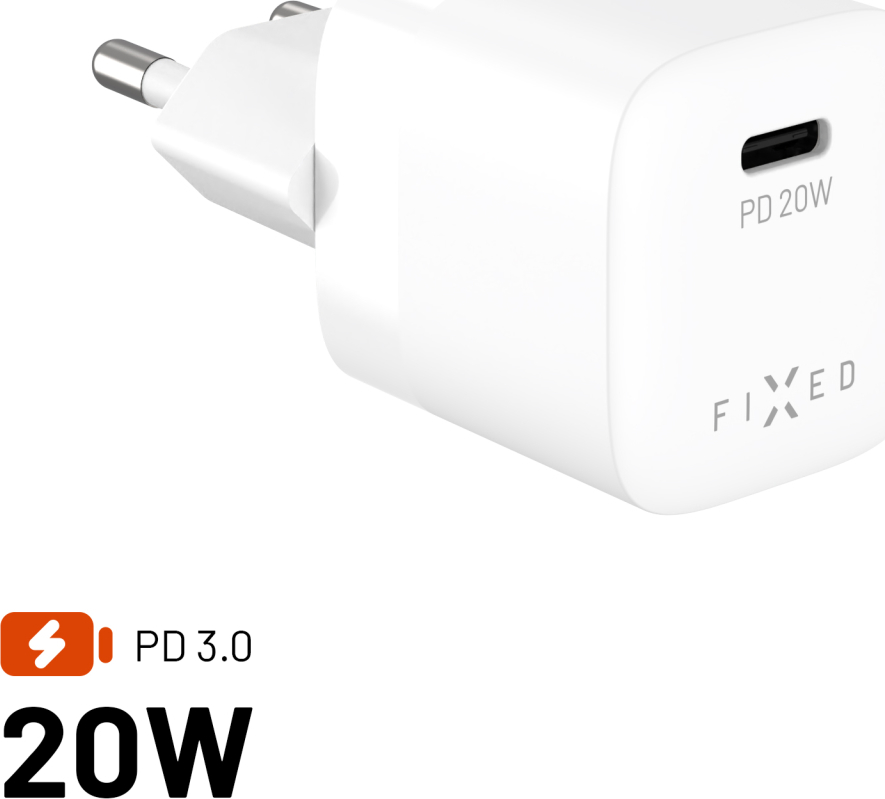 Síťová nabíječka FIXED Mini s USB-C výstupem a podporou PD, 20W, bílá