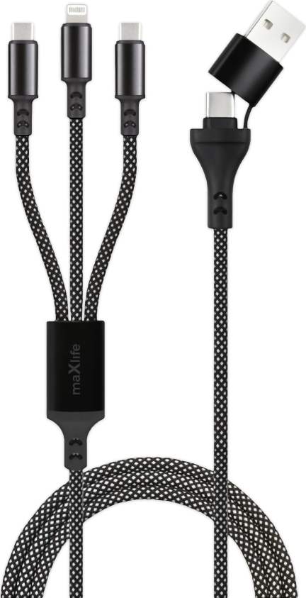 Maxlife ALLin1 kabel USB + USB-C - Lightning + 2x USB-C 1,0 m 66W black
