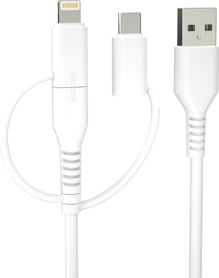 Recyklovaný kabel Forever 3w1 1,5m 2,4A USB-A -USB-C+ microUSB + Lightning KR3W1-00 bílý