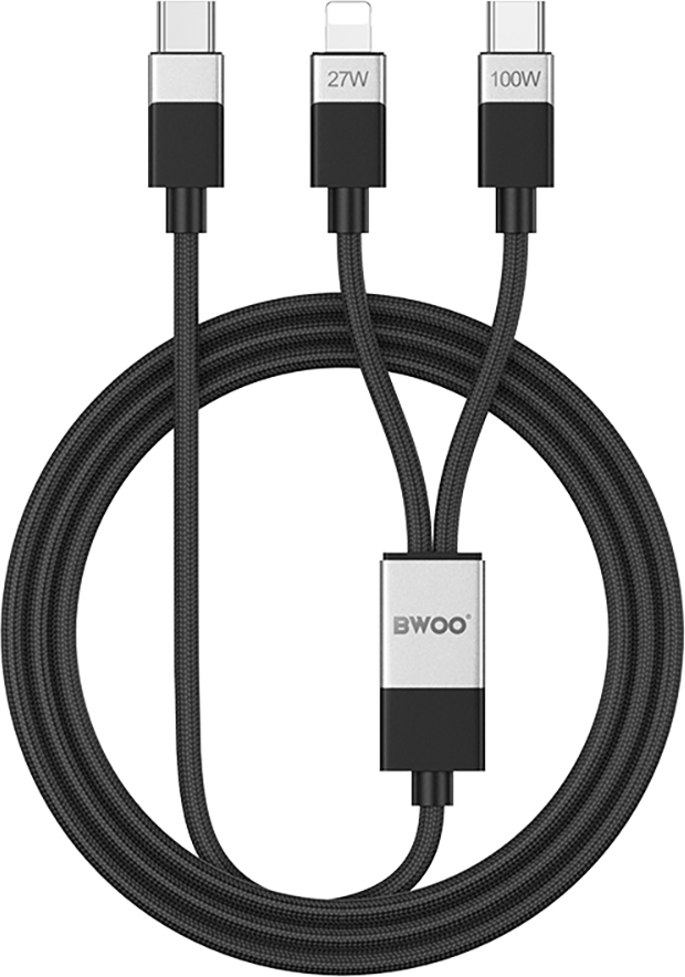 Pletený kabel 2 v 1 BWOO USB-C - USB-C a Lightning 1m 100W/27W černý