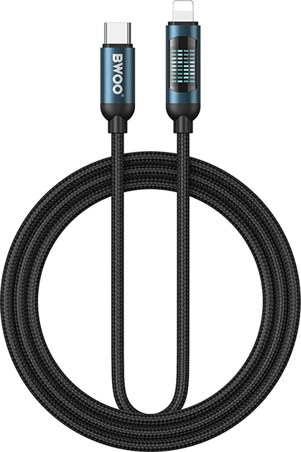 Pletený kabel BWOO USB-C - Lightning 1m 27W s animovaným podsvícením, černý