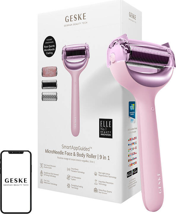 Mikrojehličkový váleček / derma roller na obličej a tělo 9v1 Geske s aplikací (růžový)