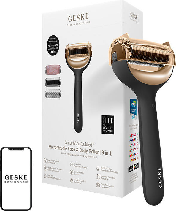 Mikrojehličkový váleček / derma roller na obličej a tělo 9v1 Geske s aplikací (šedý)