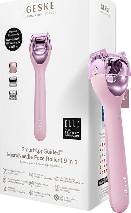 Mikrojehličkový váleček / derma roller na obličej 9v1 Geske s aplikací (růžový)
