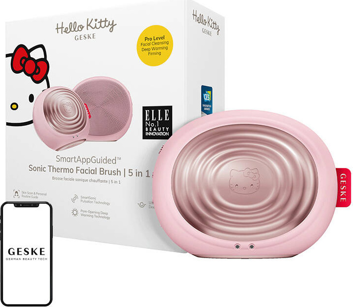 Sonický termo kartáček na obličej na čištění pleti 5v1 Geske s aplikací (růžová Hello Kitty)