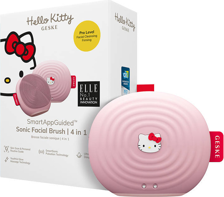 Sonický kartáček na čištění pleti na obličej 4v1 Geske s aplikací (růžová Hello Kitty)