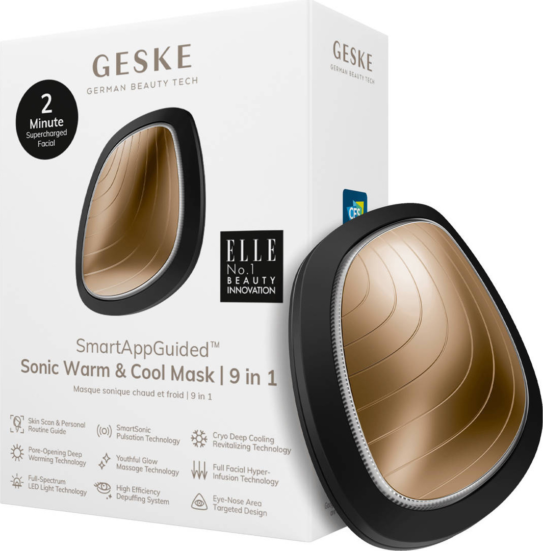 Sonický hřejivě-chladivý masážní přístroj na obličej 9v1 Geske s aplikací (šedý)