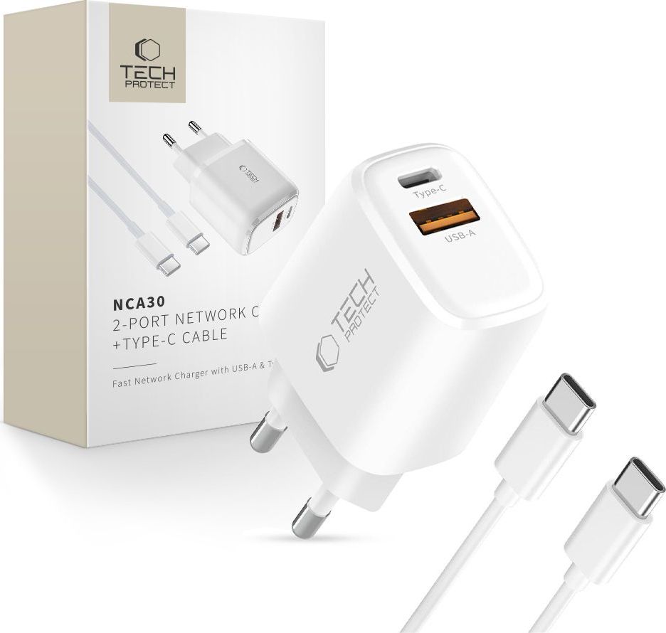TECH-PROTECT NCA30 2-PORT NETWORK CHARGER PD 30W / QC3.0 + TYPE-C CABLE WHITE