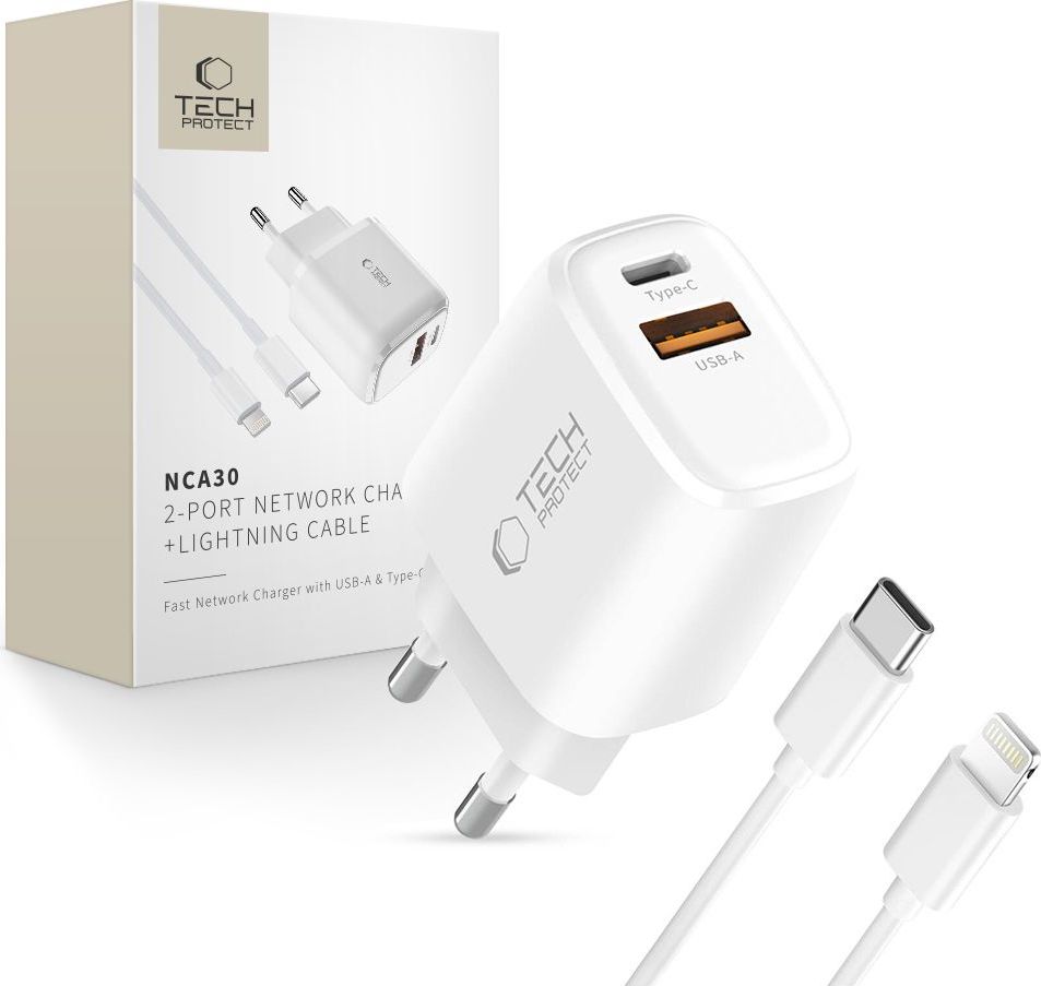 TECH-PROTECT NCA30 2-PORT NETWORK CHARGER PD 30W / QC3.0 + LIGHTNING CABLE WHITE
