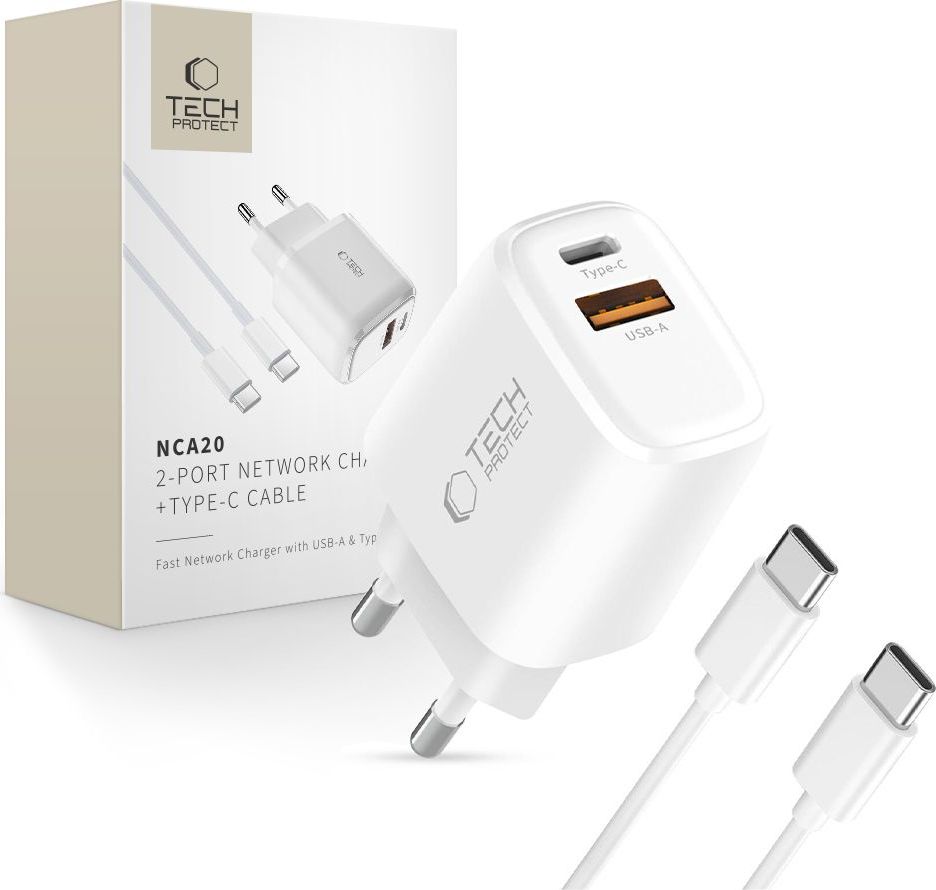 TECH-PROTECT NCA20 2-PORT NETWORK CHARGER PD 20W / QC3.0 + TYPE-C CABLE WHITE