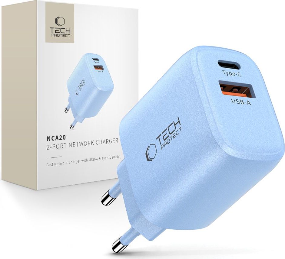 TECH-PROTECT NCA20 2-PORT NETWORK CHARGER PD 20W / QC3.0 BABY BLUE
