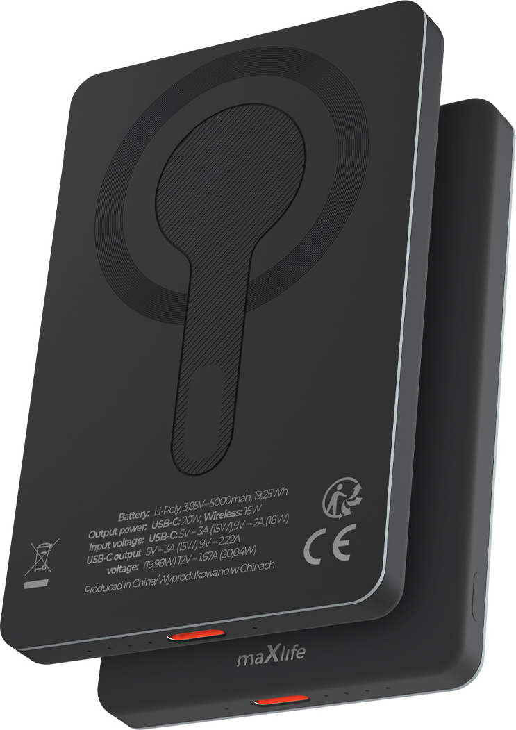 Bezdrátová powerbanka Maxlife MXPB-05 20W PD 5000 mAh magnetická (MagSafe) černá