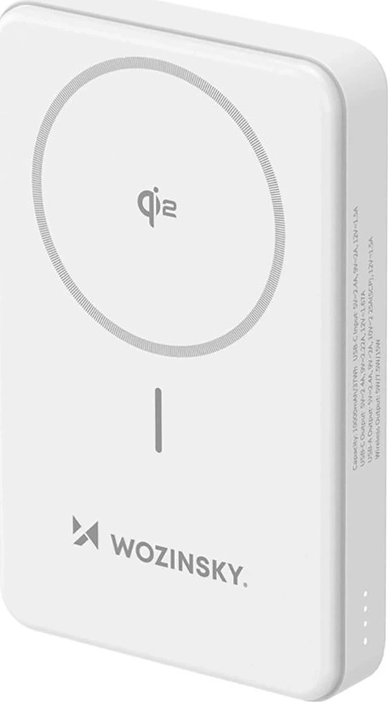 Powerbanka Wozinsky 22,5W PD Qi2 10000 mAh, se stojánkem, 1x USB-A, 1x USB-C - bílá