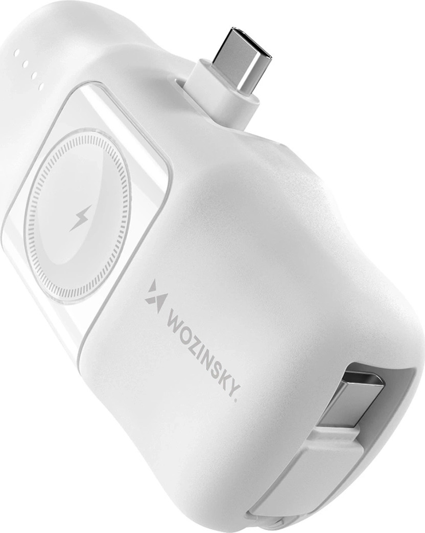 Wozinsky WF16-YCS 5000mAh 15W USB-C mini powerbanka s vestavěným kabelem USB-C a nabíječkou pro Apple Watch - bílá
