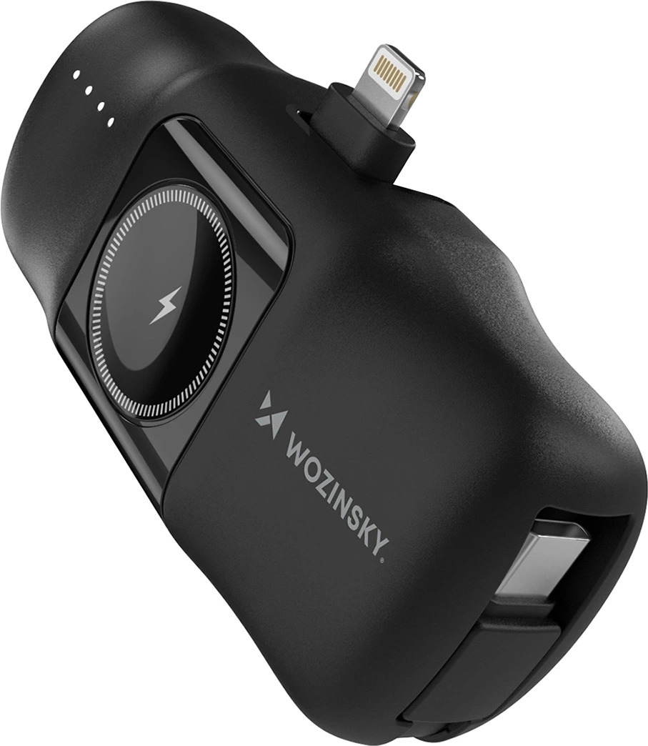 Wozinsky WF16-YLS 5000mAh 15W Lightning Mini Power Bank s vestavěným kabelem USB-C a nabíječkou pro Apple Watch - černá