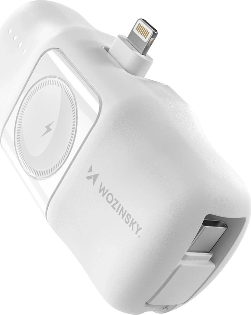 Wozinsky WF16-YLS 5000mAh 15W Lightning Mini Powerbanka s vestavěným kabelem USB-C a nabíječkou pro Apple Watch - bílá