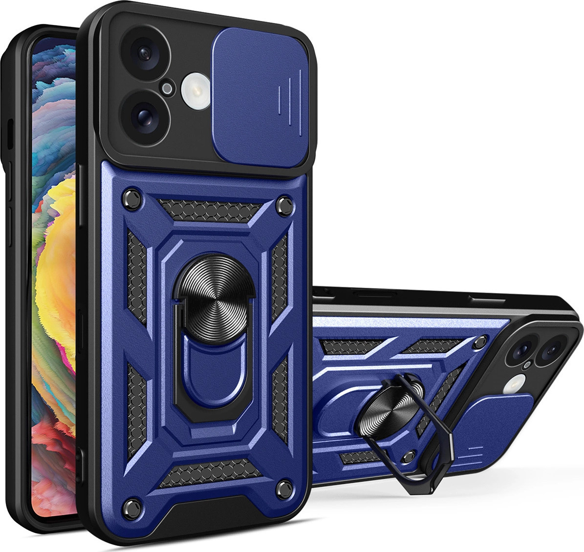 Hybrid Armor Camshield kryt pro iPhone 16 s krytem kamery a stojánkem – modrý