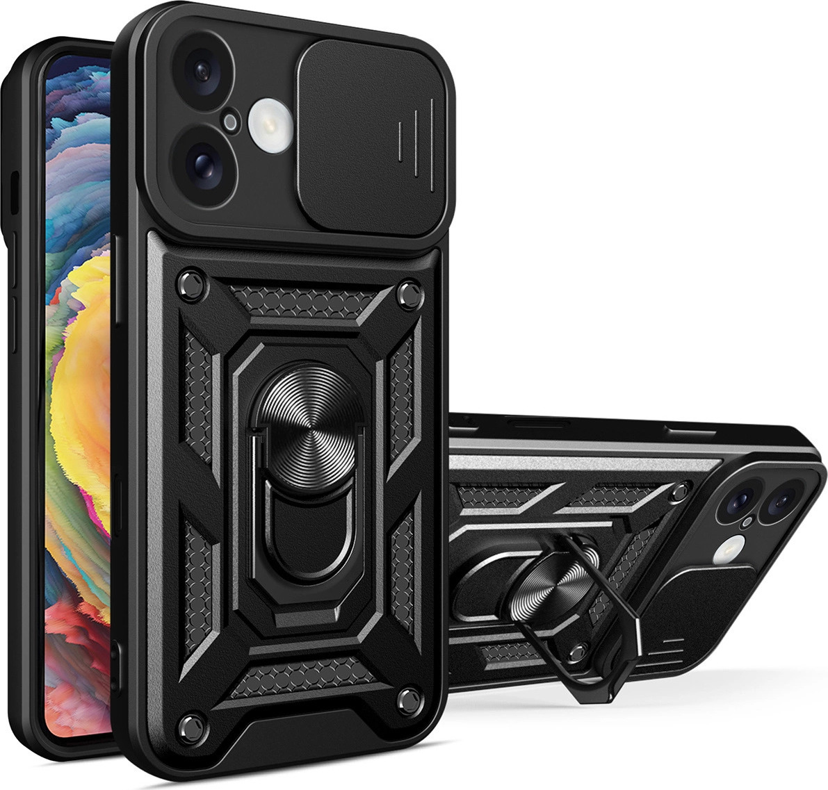 Hybrid Armor Camshield kryt pro iPhone 16 Plus s krytem kamery a stojánkem - černý