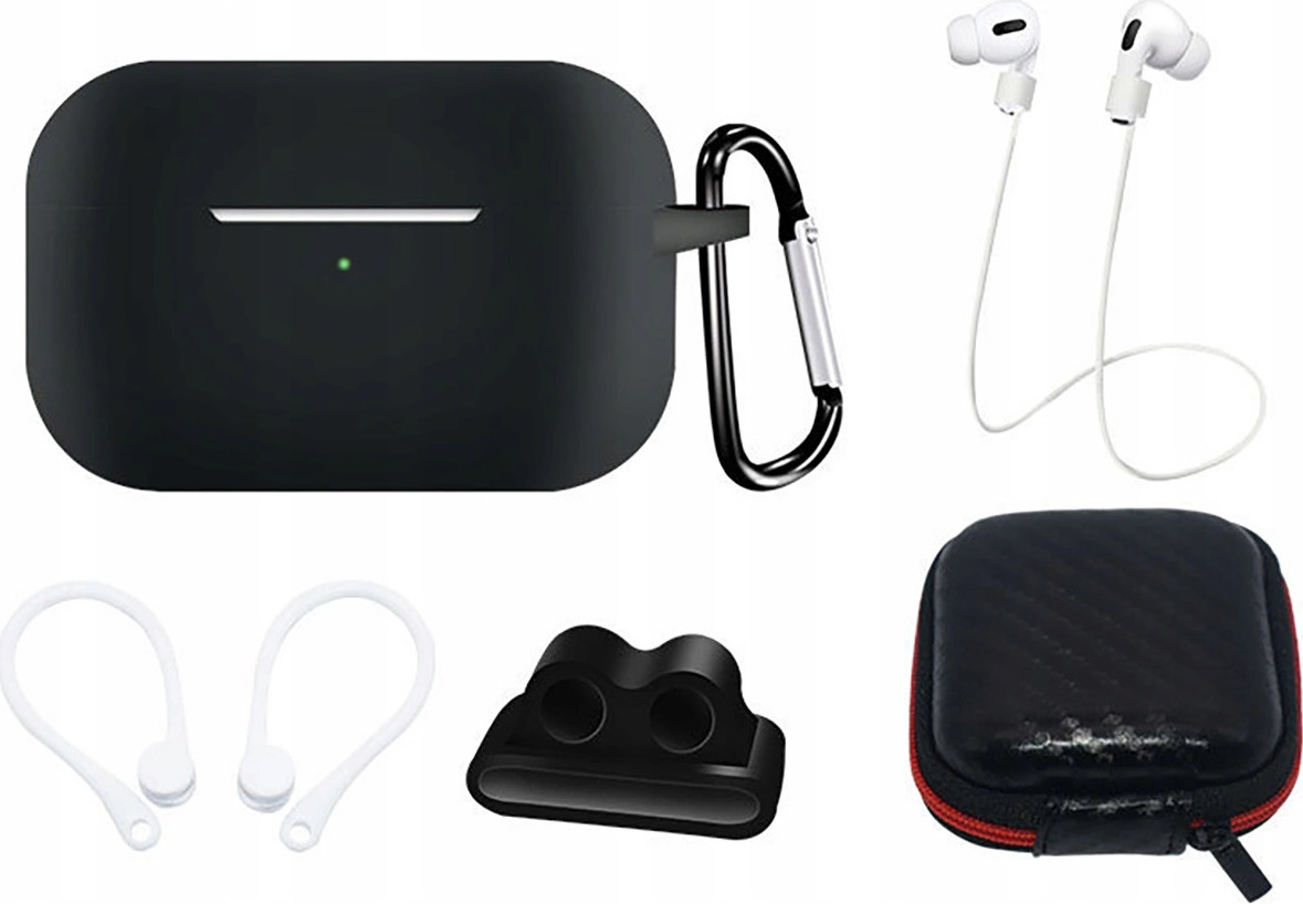 Silikonové pouzdro pro AirPods Pro 2 / AirPods Pro 1 + pouzdro / háček za ucho / popruh na krk / držák na hodinky / karabina - černé