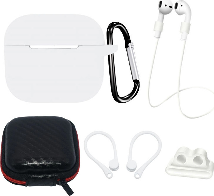 Silikonové pouzdro na AirPods 3 + pouzdro/háček za uši/řemínek na krk/držák na řemínek na hodinky/karabina - bílé