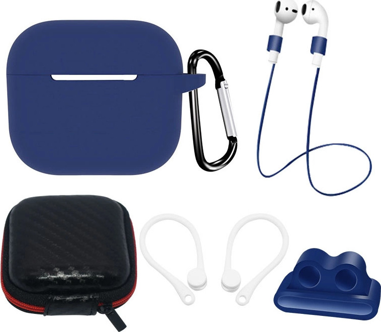 Silikonové pouzdro na AirPods 3 + pouzdro/háček za uši/řemínek na krk/držák na řemínek na hodinky/karabina - modré